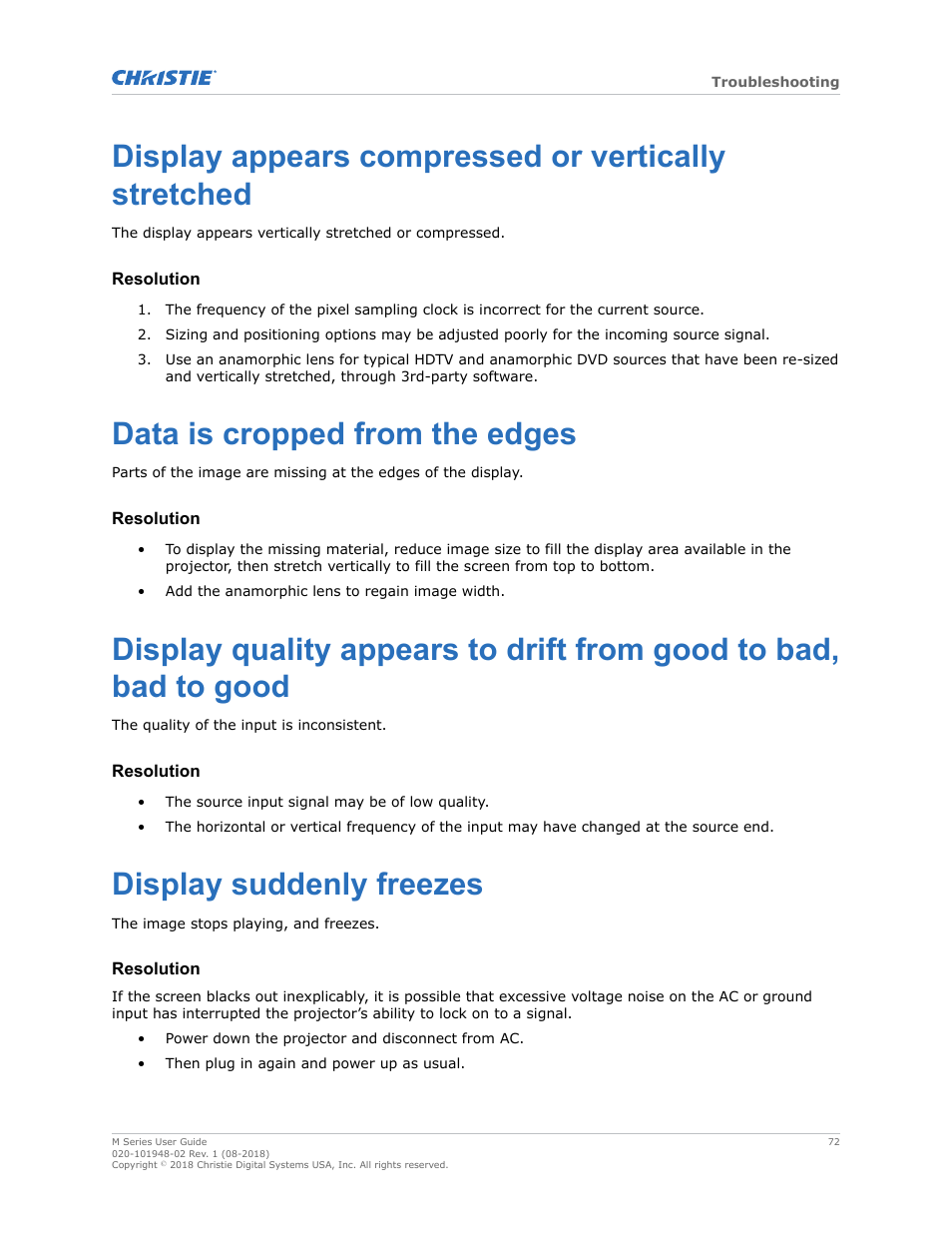 Display appears compressed or vertically stretched, Data is cropped from the edges, Display suddenly freezes | Christie M Series WU14K-M WUXGA 3DLP Projector (No Lens) User Manual | Page 72 / 89