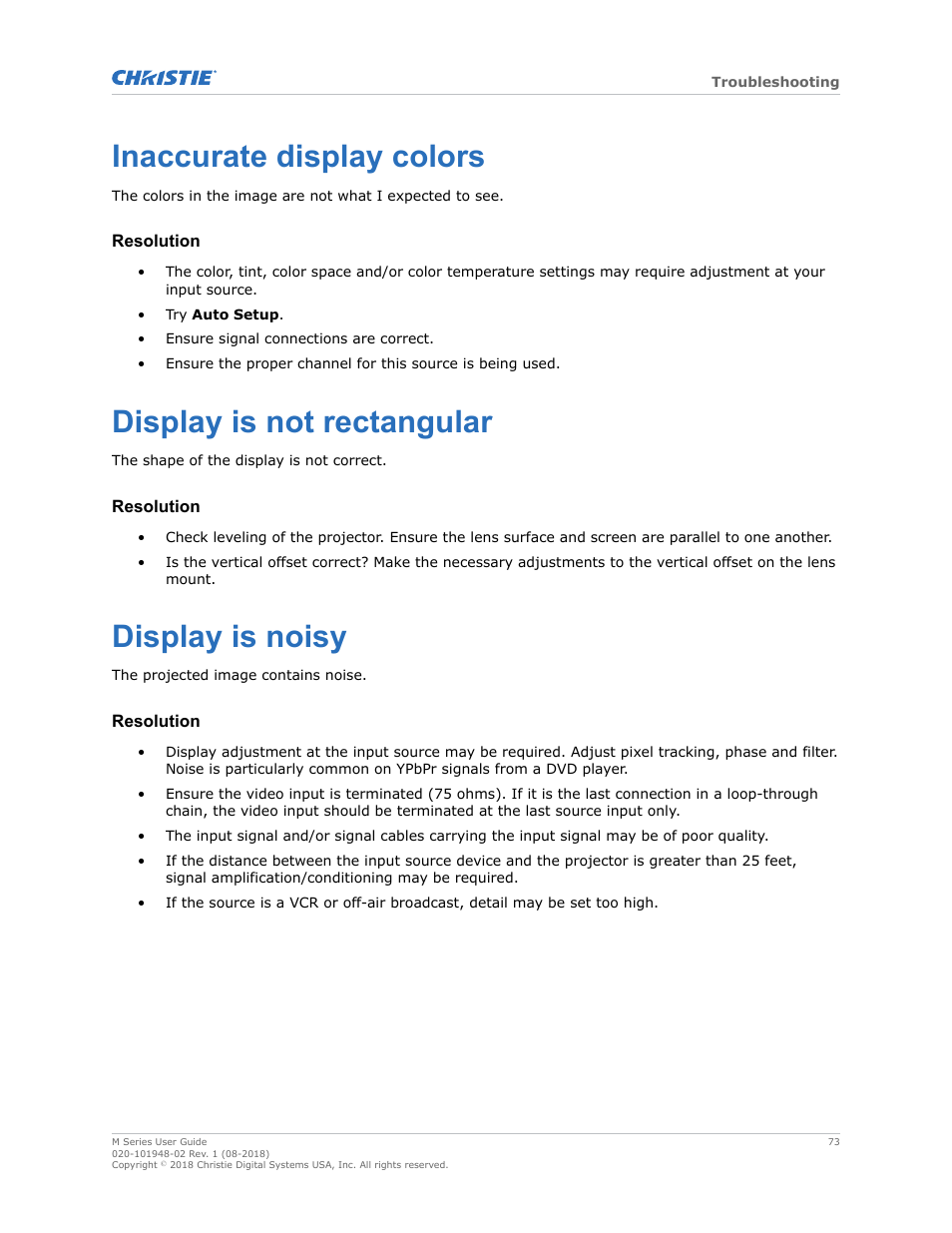 Inaccurate display colors, Display is not rectangular, Display is noisy | Christie M Series WU14K-M WUXGA 3DLP Projector (No Lens) User Manual | Page 73 / 89