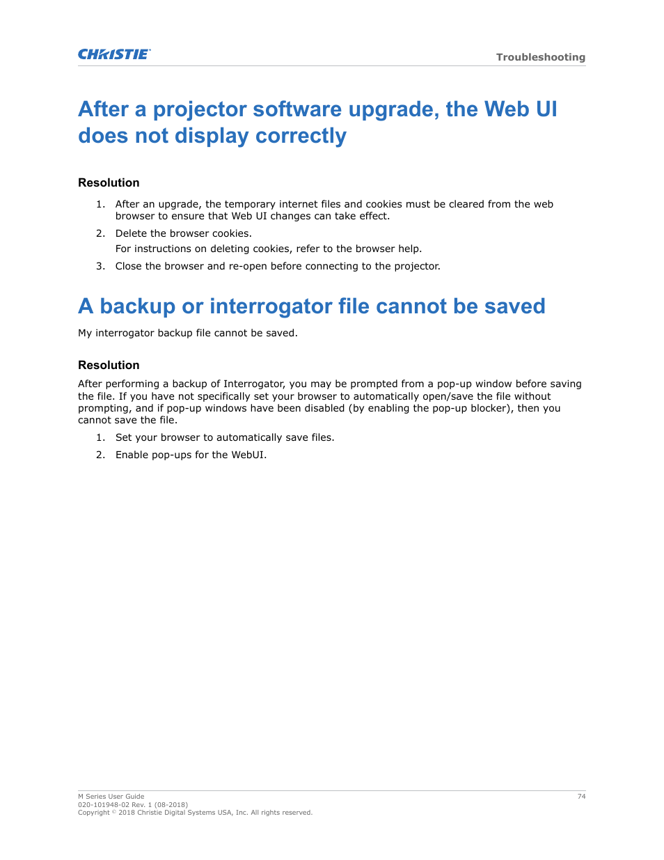 A backup or interrogator file cannot be saved | Christie M Series WU14K-M WUXGA 3DLP Projector (No Lens) User Manual | Page 74 / 89