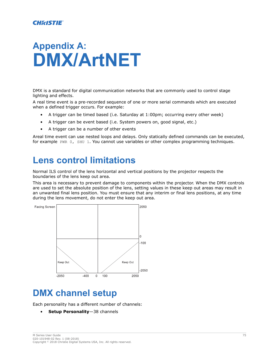 Dmx/artnet, Lens control limitations, Dmx channel setup | Lens control limitations dmx channel setup, Appendix a | Christie M Series WU14K-M WUXGA 3DLP Projector (No Lens) User Manual | Page 75 / 89