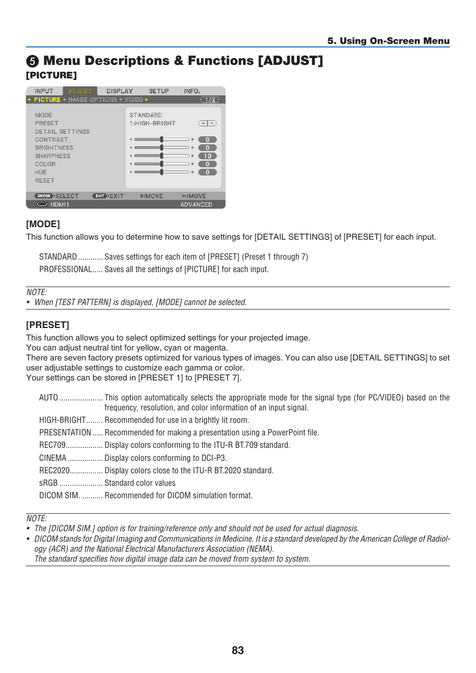 5) menu descriptions & functions [adjust, Menu descriptions & functions [adjust | NEC 40,000-Lumen 4K Laser Installation Projector User Manual | Page 100 / 192