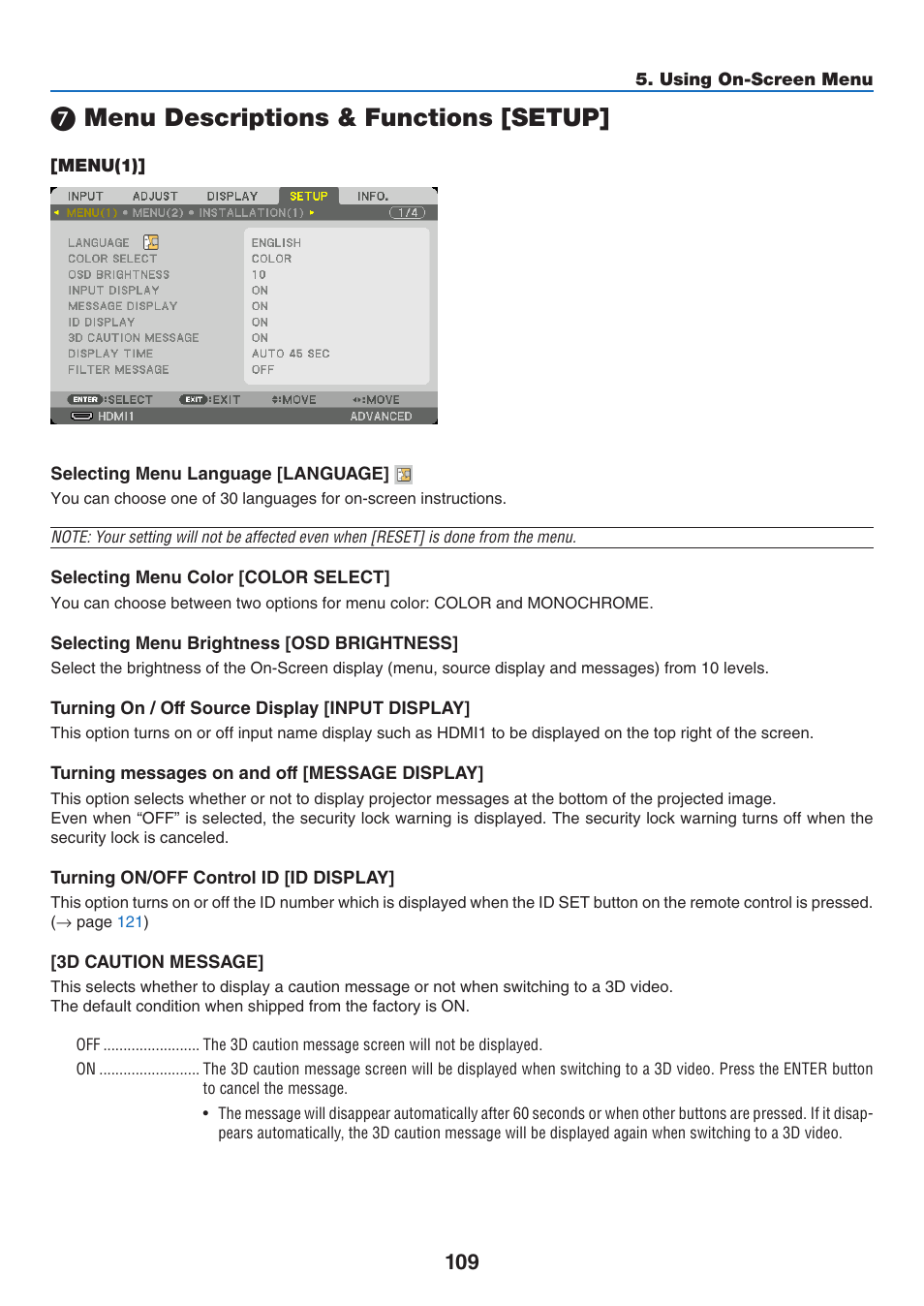 7) menu descriptions & functions [setup, Menu descriptions & functions [setup | NEC 40,000-Lumen 4K Laser Installation Projector User Manual | Page 126 / 192