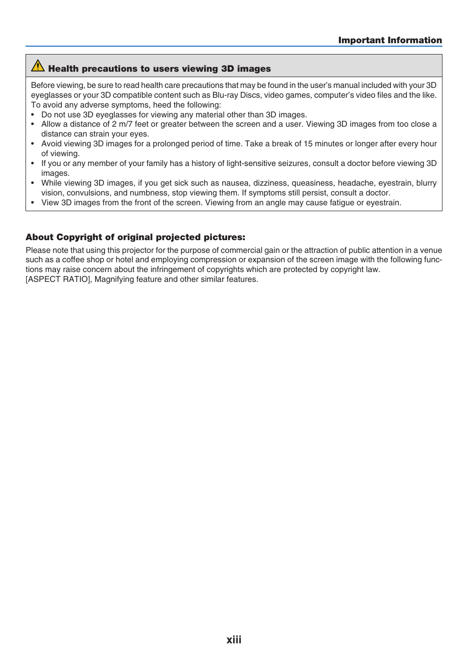 Xiii | NEC 40,000-Lumen 4K Laser Installation Projector User Manual | Page 15 / 192