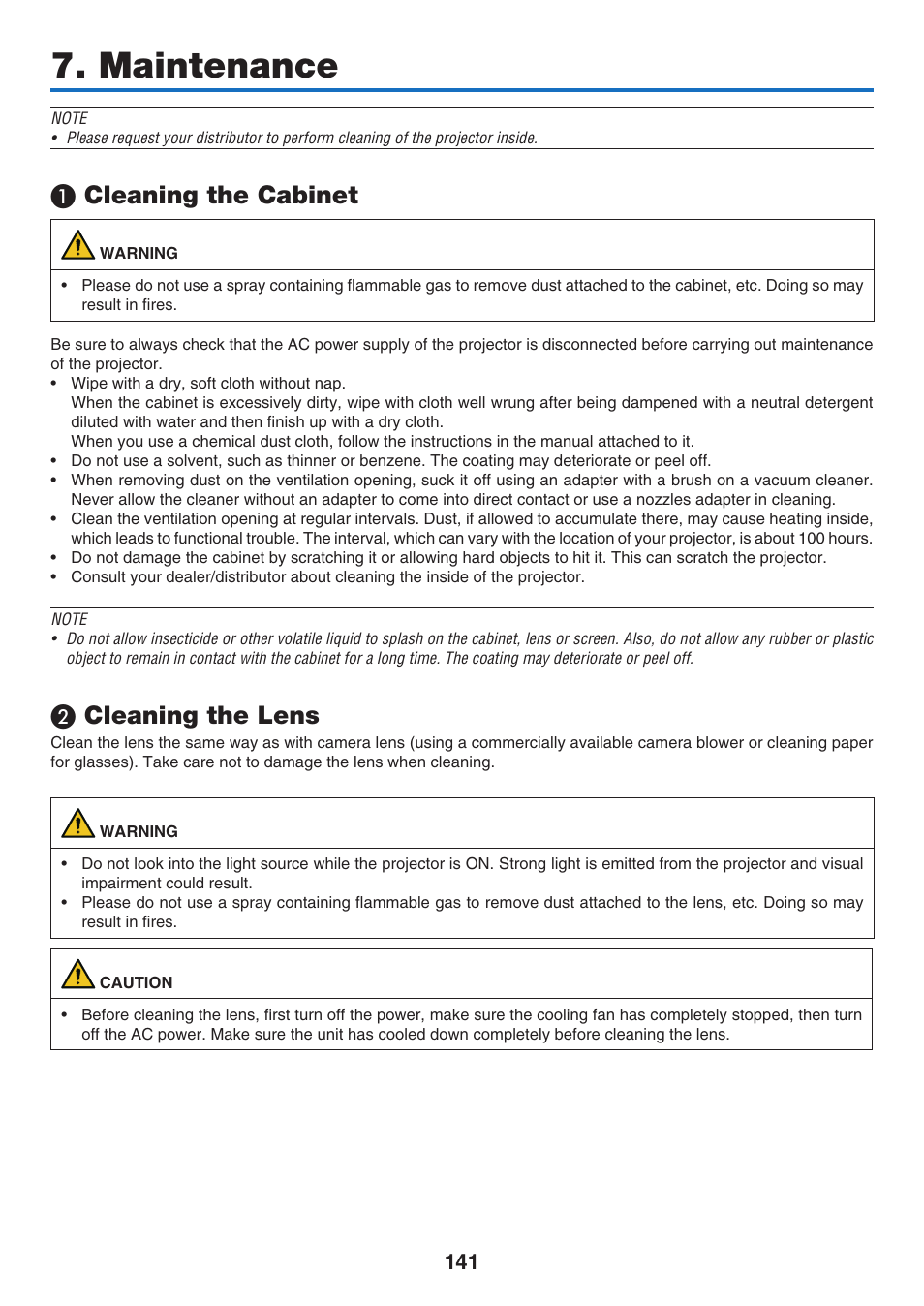 Maintenance, 1) cleaning the cabinet, 2) cleaning the lens | Cleaning the cabinet, Cleaning the lens | NEC 40,000-Lumen 4K Laser Installation Projector User Manual | Page 158 / 192