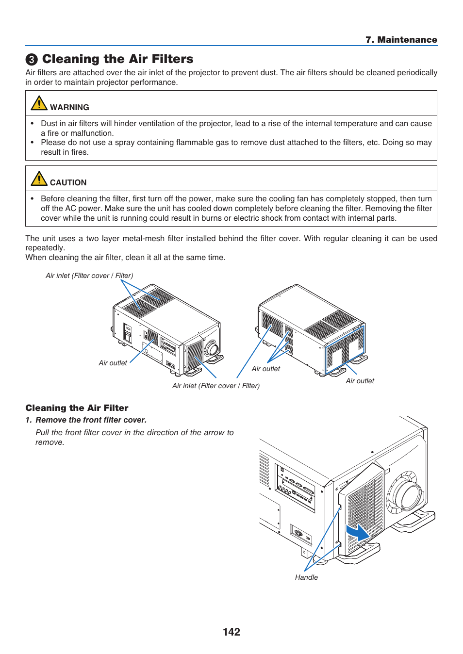 3) cleaning the air filters, Cleaning the air filters, On ho | NEC 40,000-Lumen 4K Laser Installation Projector User Manual | Page 159 / 192