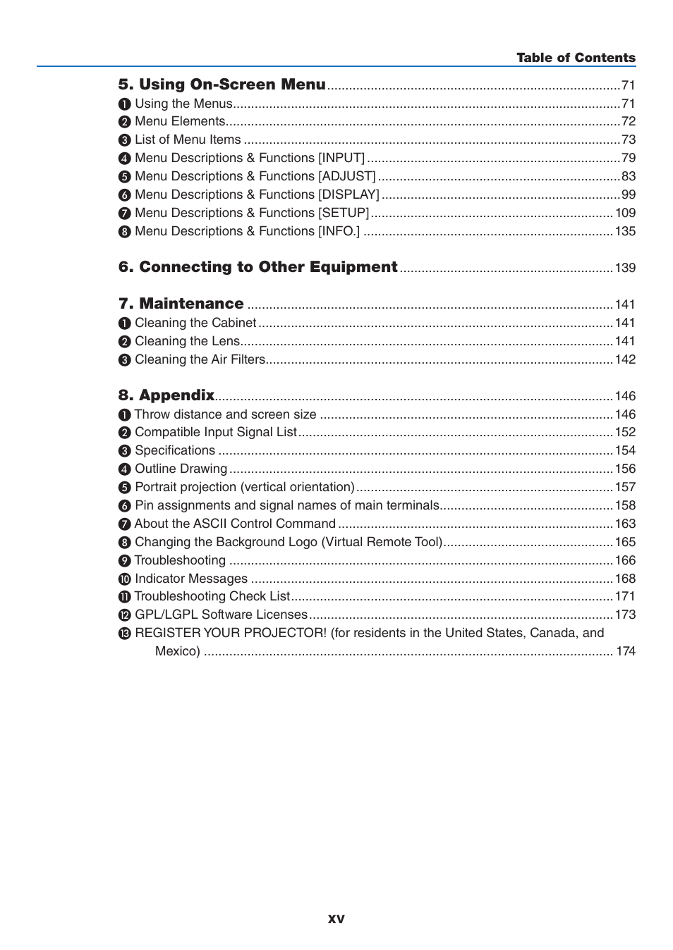 Using on-screen menu, Connecting to other equipment, Maintenance | Appendix | NEC 40,000-Lumen 4K Laser Installation Projector User Manual | Page 17 / 192
