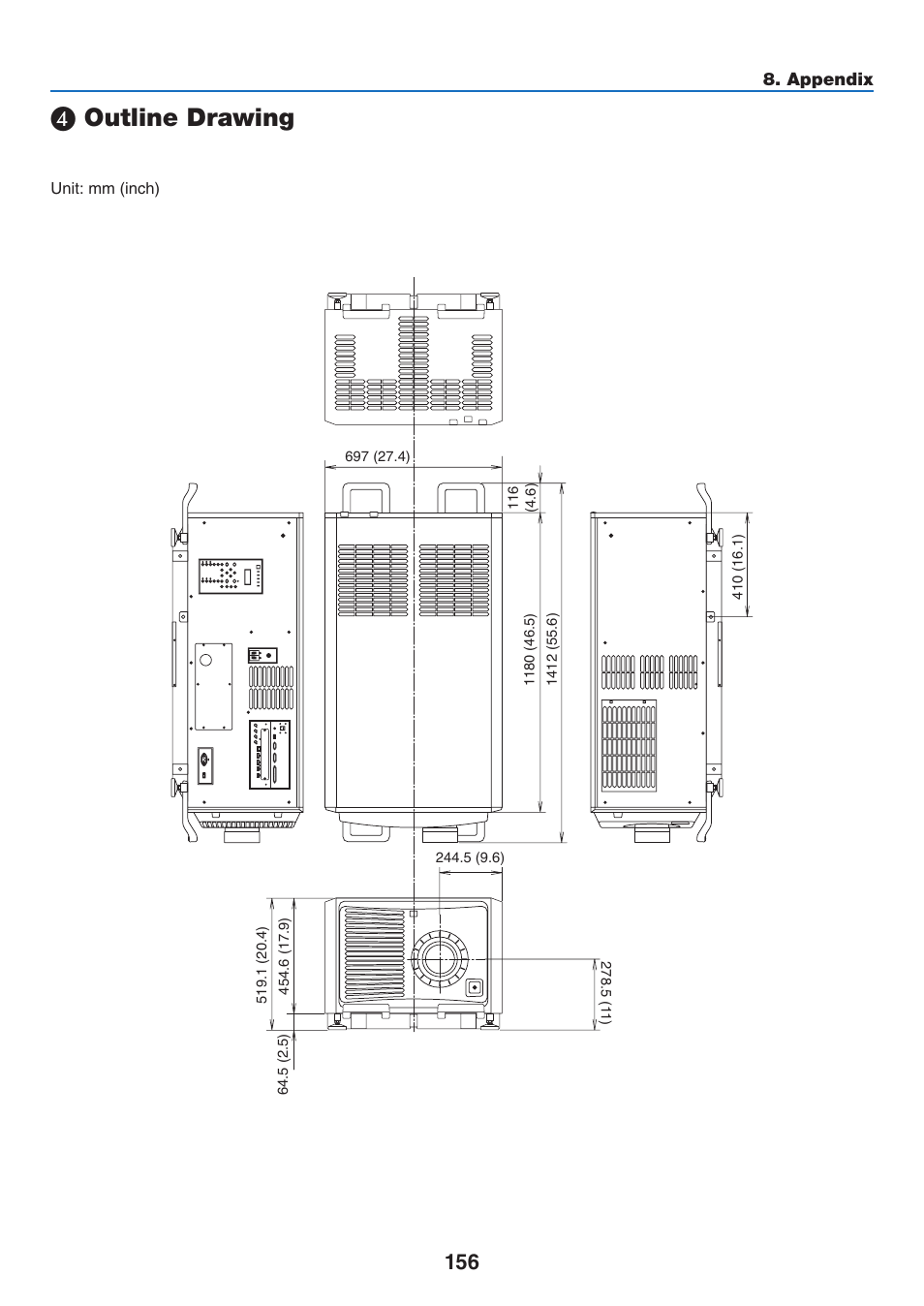 4) outline drawing, Outline drawing | NEC 40,000-Lumen 4K Laser Installation Projector User Manual | Page 173 / 192