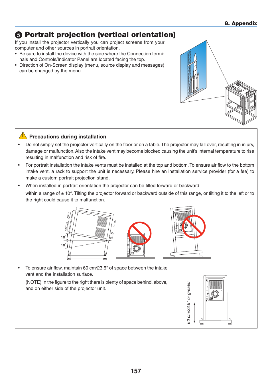 5) portrait projection (vertical orientation), Portrait projection (vertical orientation) | NEC 40,000-Lumen 4K Laser Installation Projector User Manual | Page 174 / 192
