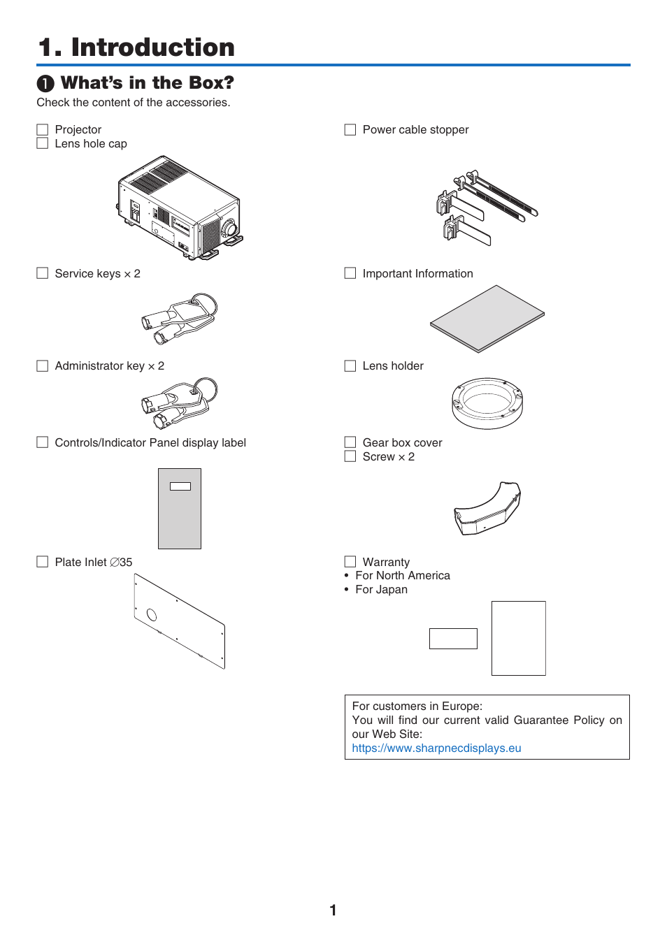 Introduction, 1) what’s in the box, What’s in the box | NEC 40,000-Lumen 4K Laser Installation Projector User Manual | Page 18 / 192