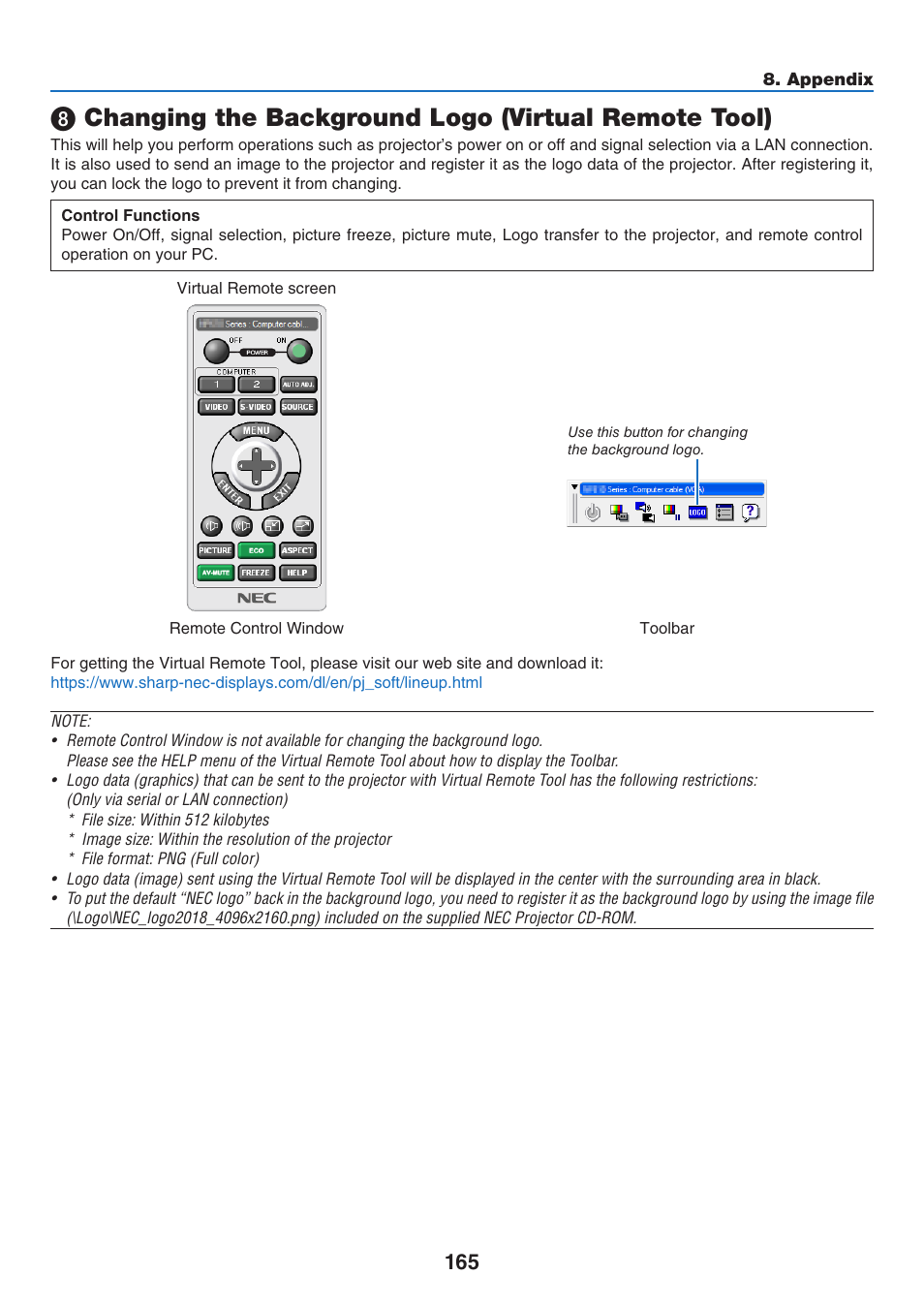 Changing the background logo (virtual remote tool) | NEC 40,000-Lumen 4K Laser Installation Projector User Manual | Page 182 / 192