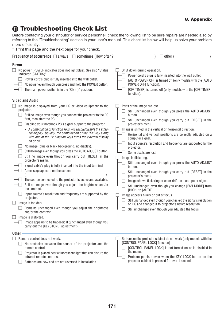 11) troubleshooting check list, Troubleshooting check list, Appendix | NEC 40,000-Lumen 4K Laser Installation Projector User Manual | Page 188 / 192