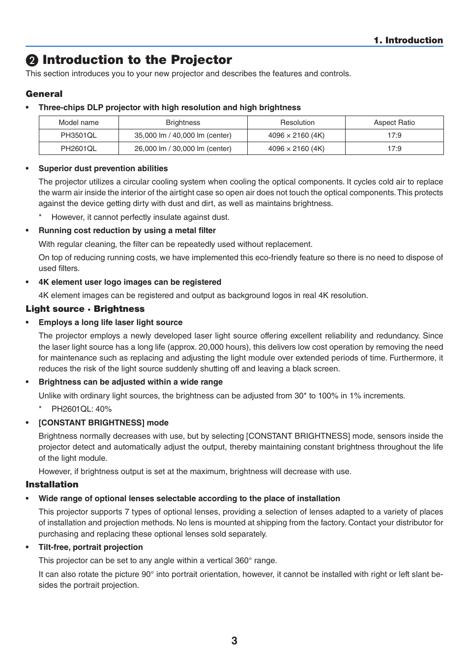 2) introduction to the projector, Introduction to the projector | NEC 40,000-Lumen 4K Laser Installation Projector User Manual | Page 20 / 192