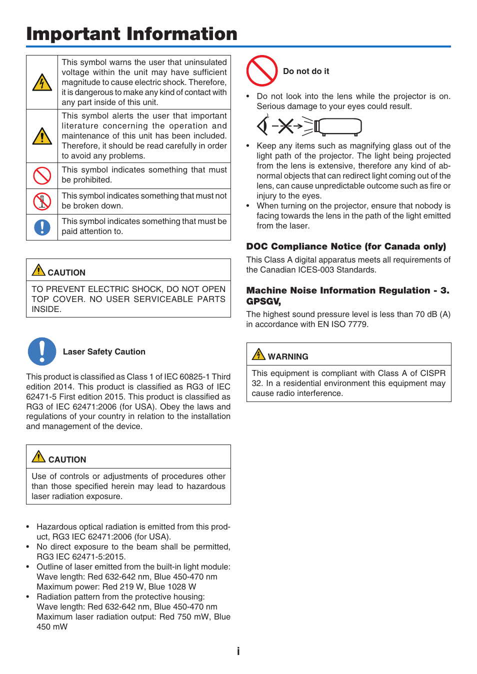 Important information | NEC 40,000-Lumen 4K Laser Installation Projector User Manual | Page 3 / 192