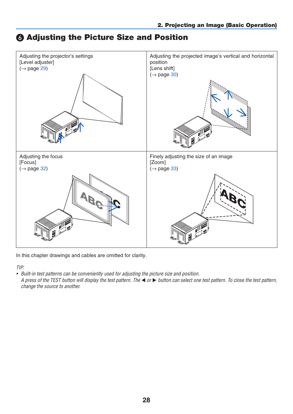 6) adjusting the picture size and position, Adjusting the picture size and position | NEC 40,000-Lumen 4K Laser Installation Projector User Manual | Page 45 / 192