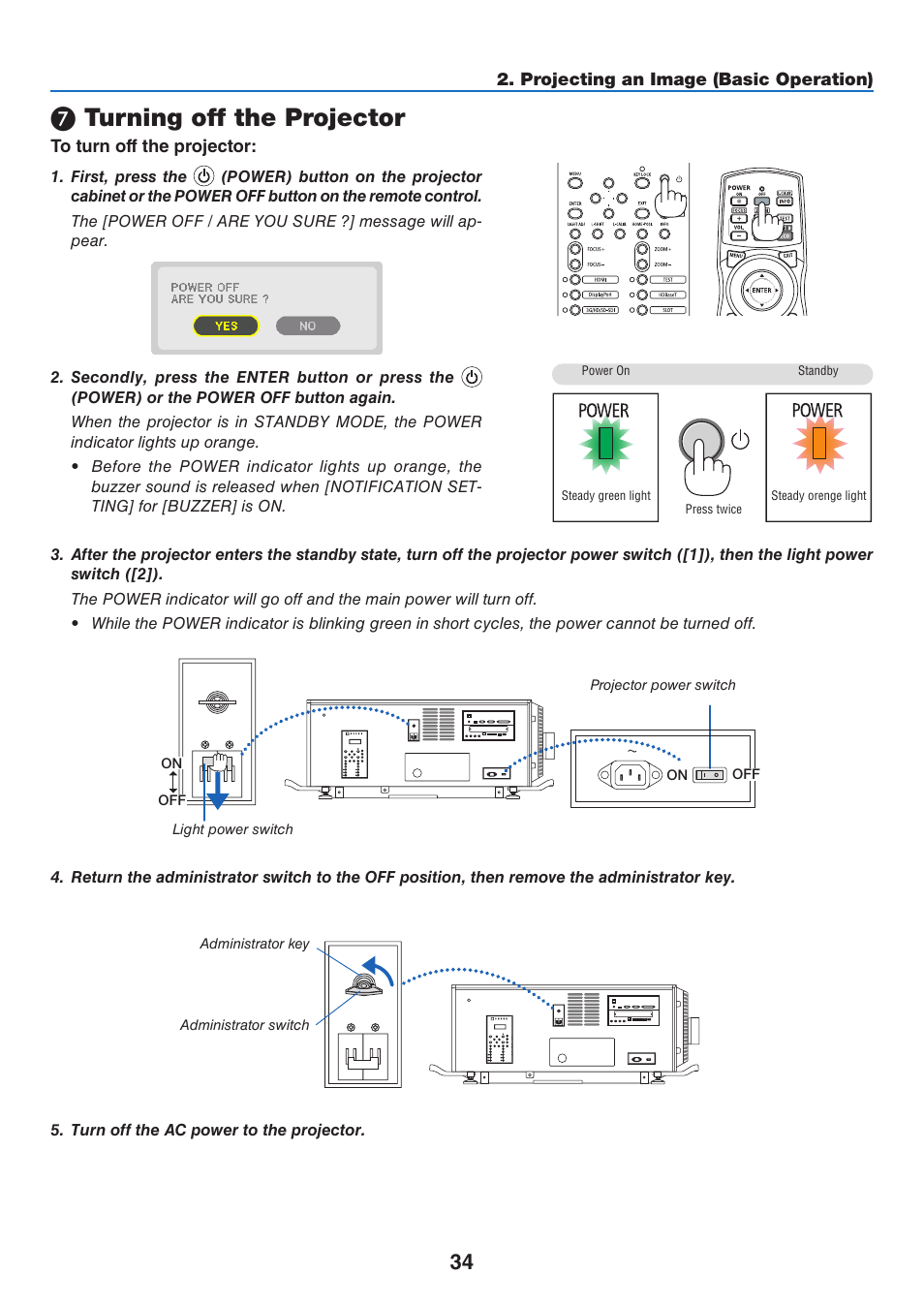 7) turning off the projector, Turning off the projector | NEC 40,000-Lumen 4K Laser Installation Projector User Manual | Page 51 / 192