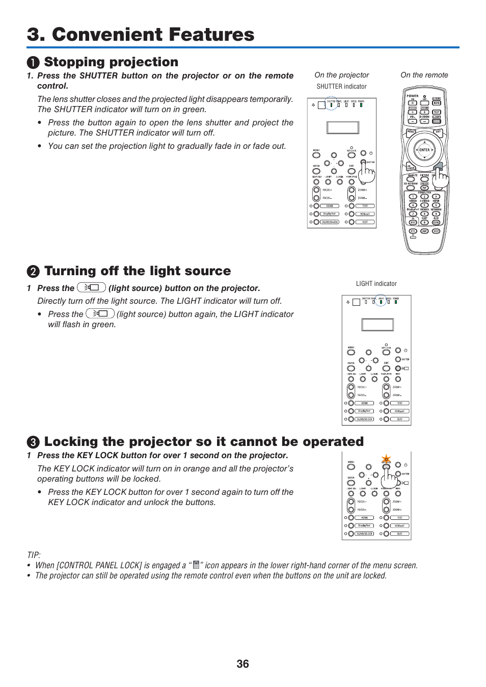 Convenient features, 1) stopping projection, 2) turning off the light source | 3) locking the projector so it cannot be operated, Stopping projection, Turning off the light source, Locking the projector so it cannot be operated | NEC 40,000-Lumen 4K Laser Installation Projector User Manual | Page 53 / 192