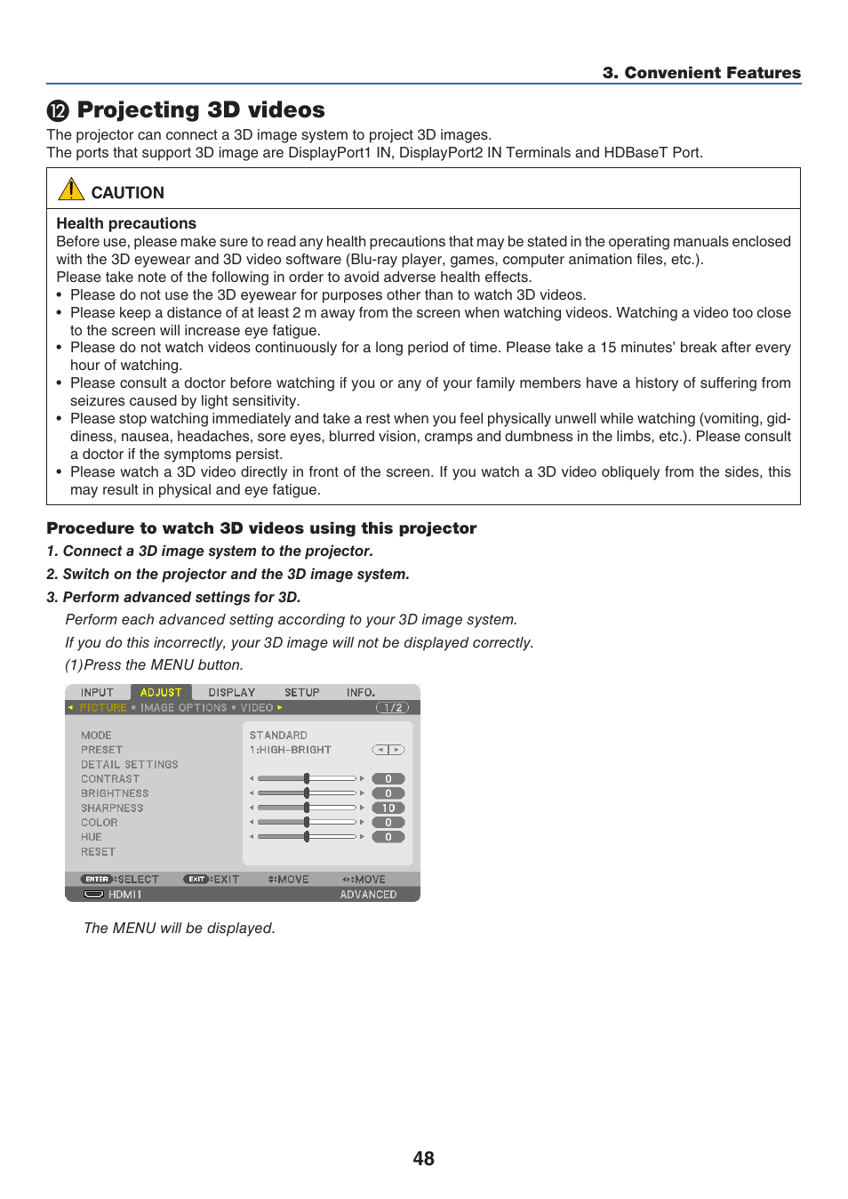12) projecting 3d videos, Projecting 3d videos | NEC 40,000-Lumen 4K Laser Installation Projector User Manual | Page 65 / 192