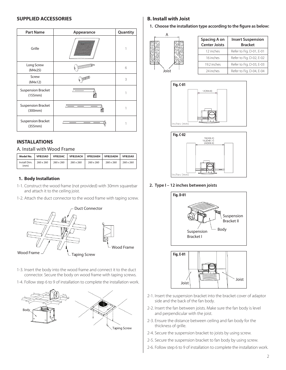 Supplied accessories, Installations a. install with wood frame, B. install with joist | Delta VFB25AD User Manual | Page 2 / 7
