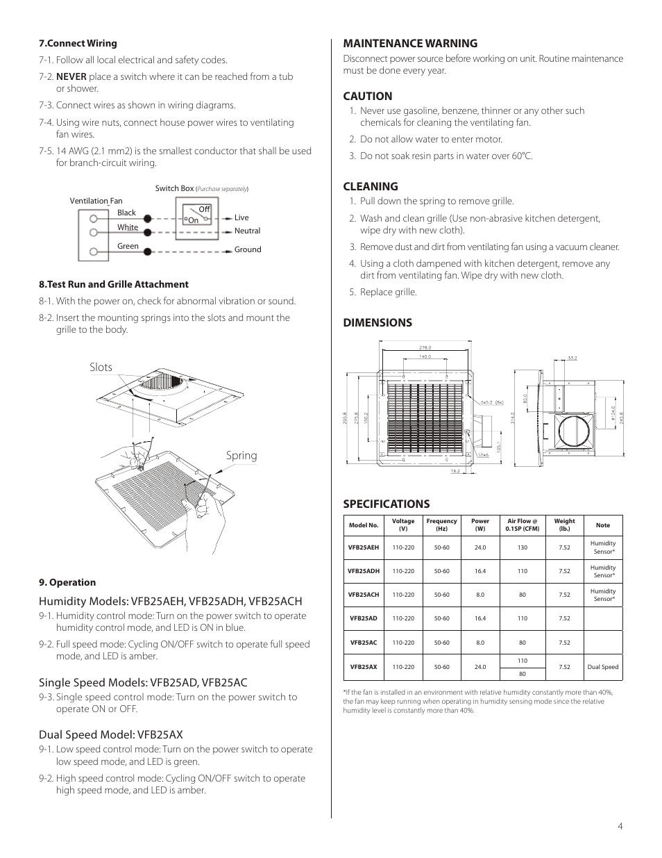 Single speed models: vfb25ad, vfb25ac, Dual speed model: vfb25ax, Maintenance warning | Caution, Cleaning, Dimensions specifications, Spring slots | Delta VFB25AD User Manual | Page 4 / 7