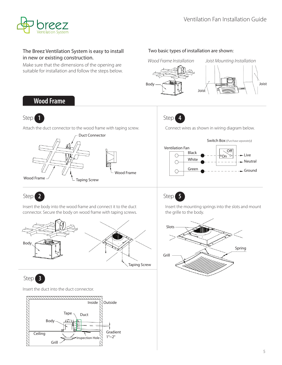 Wood frame, Ventilation fan installation guide, Step | Delta VFB25AD User Manual | Page 5 / 7