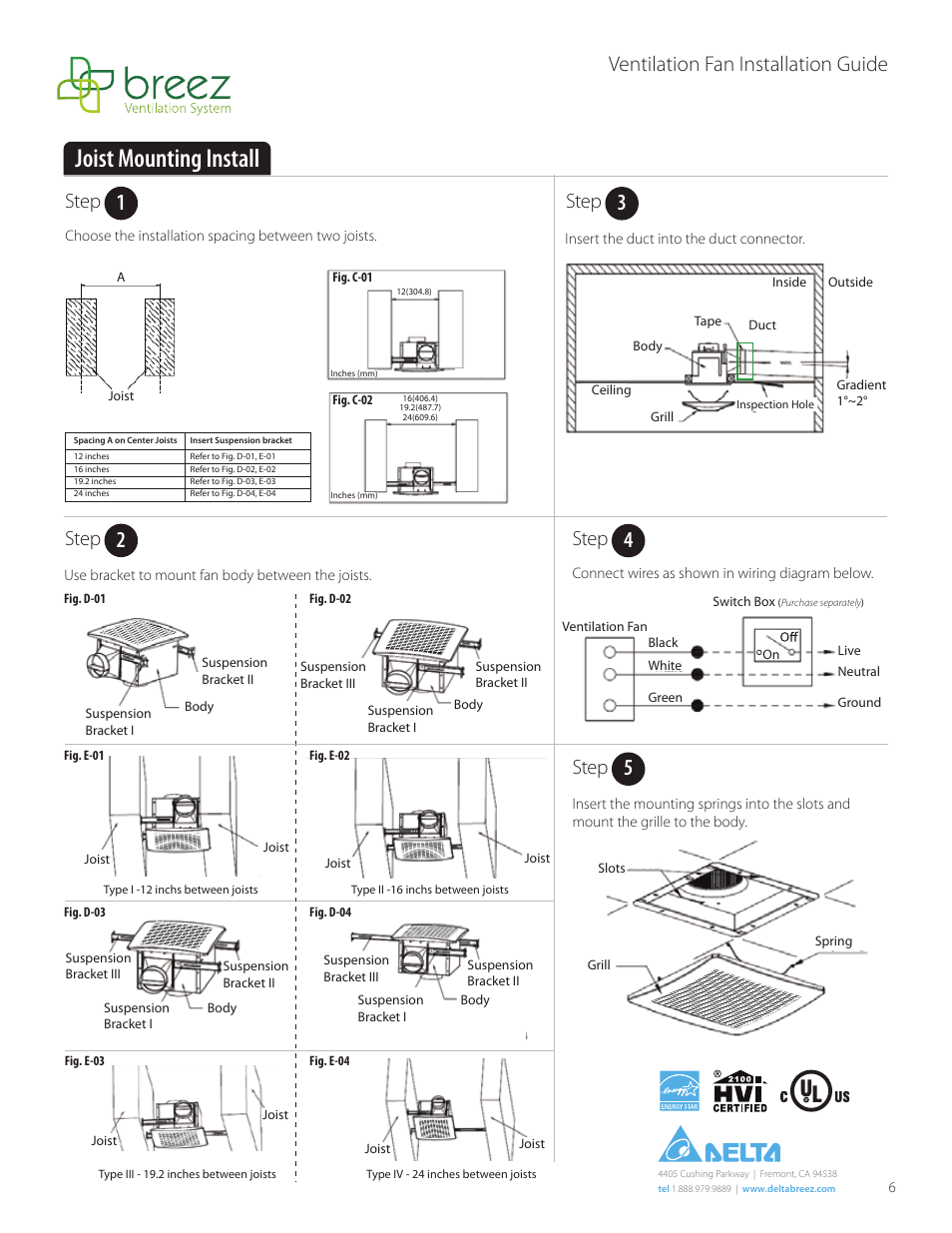 Joist mounting install, Ventilation fan installation guide, Step | Delta VFB25AD User Manual | Page 6 / 7
