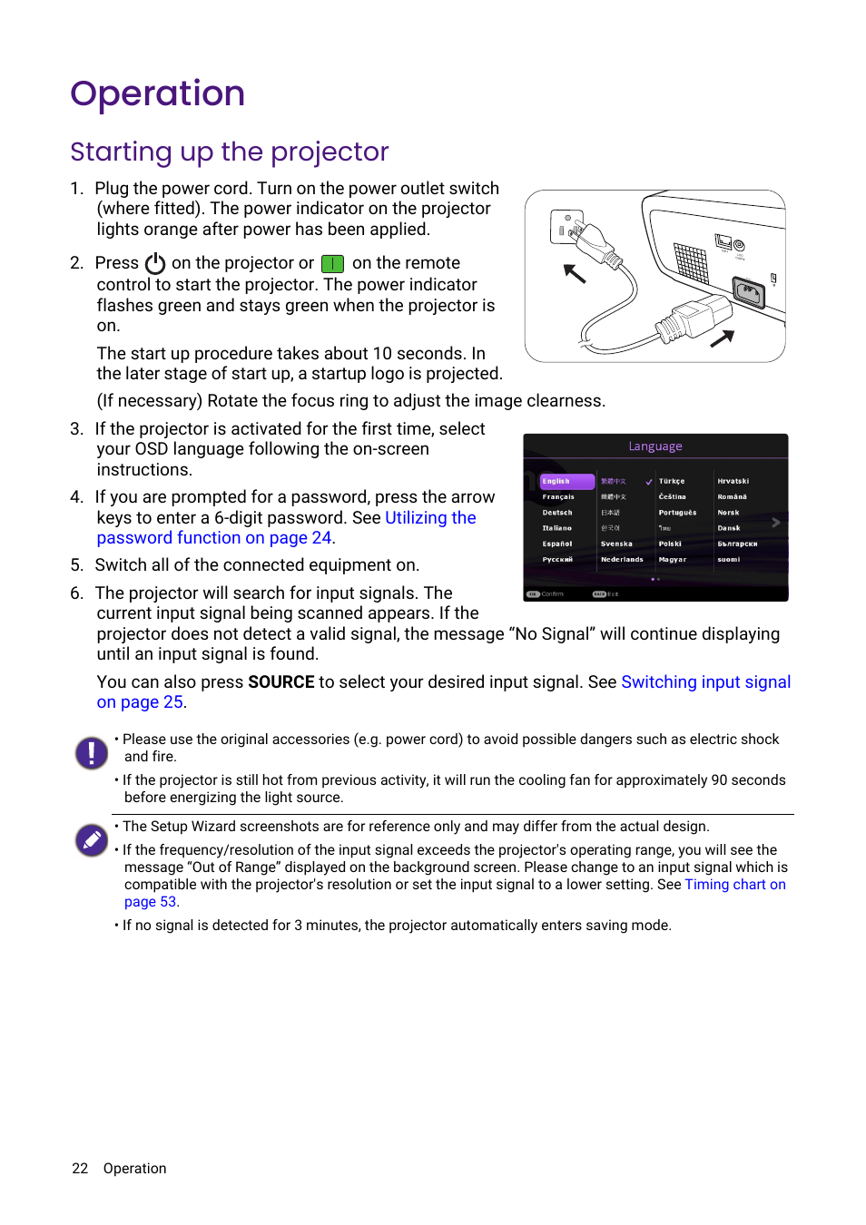 Operation, Starting up the projector | BenQ LH730 4000-Lumen Full HD LED DLP Projector User Manual | Page 22 / 54