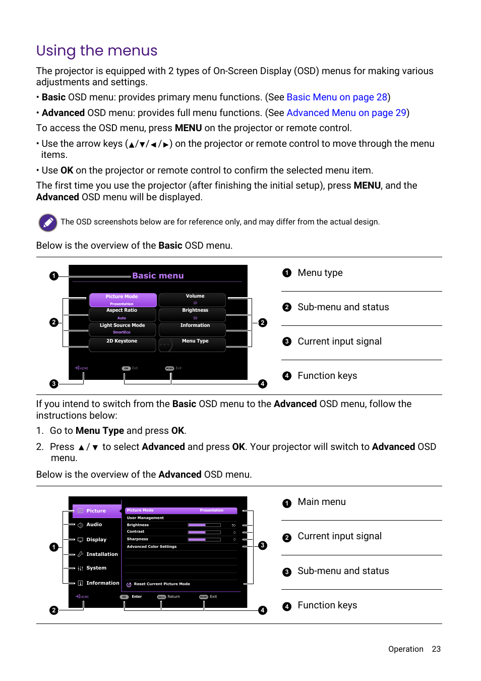 Using the menus | BenQ LH730 4000-Lumen Full HD LED DLP Projector User Manual | Page 23 / 54