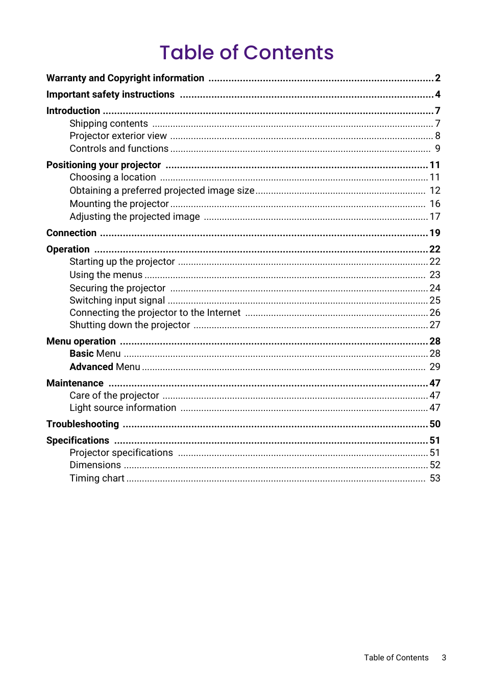 BenQ LH730 4000-Lumen Full HD LED DLP Projector User Manual | Page 3 / 54