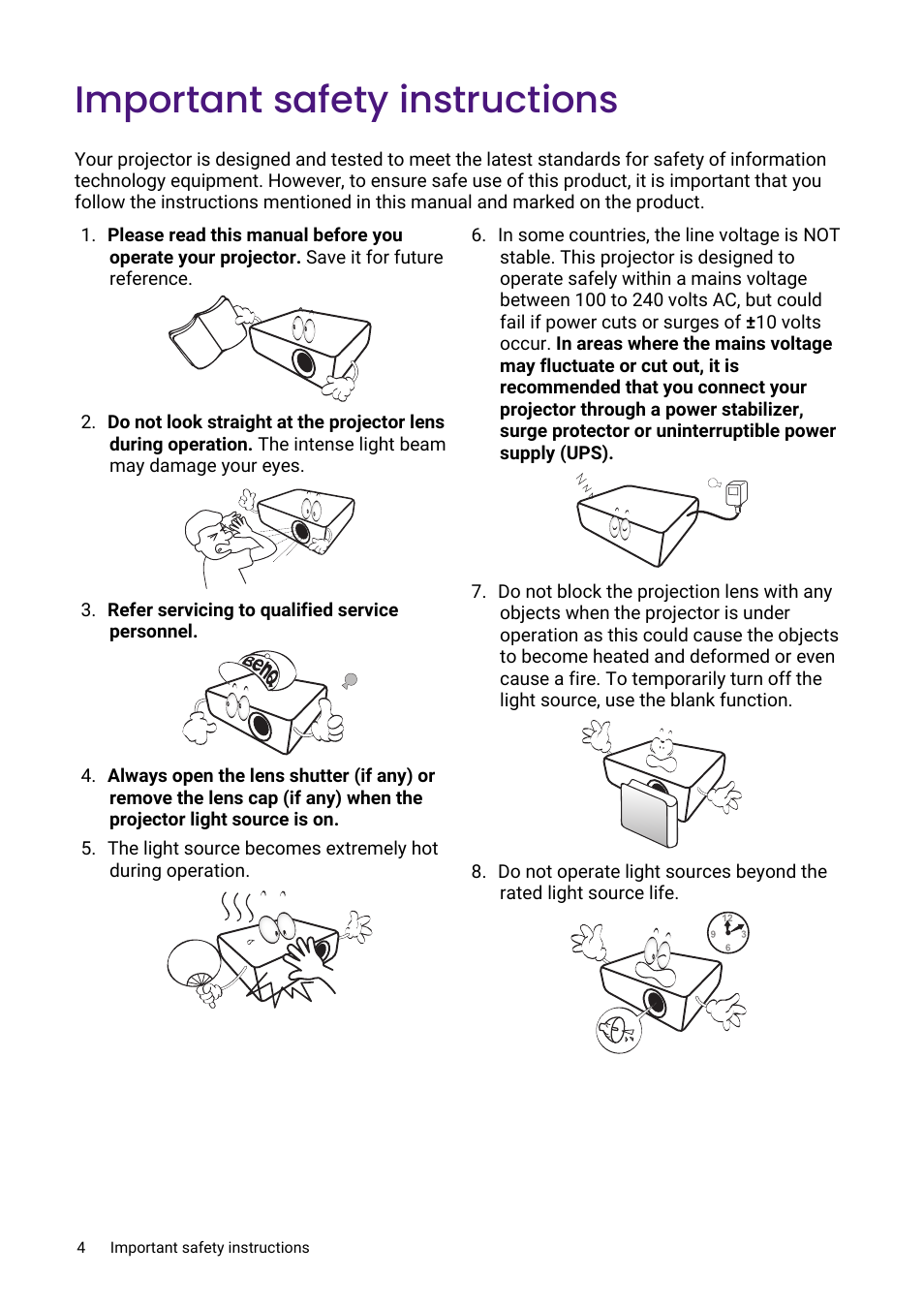 Important safety instructions | BenQ LH730 4000-Lumen Full HD LED DLP Projector User Manual | Page 4 / 54