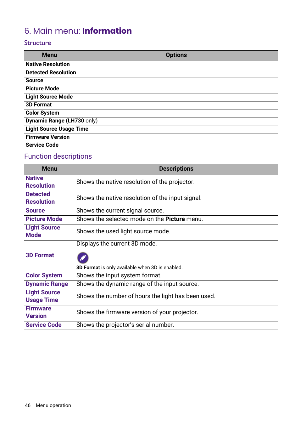 Main menu: information | BenQ LH730 4000-Lumen Full HD LED DLP Projector User Manual | Page 46 / 54