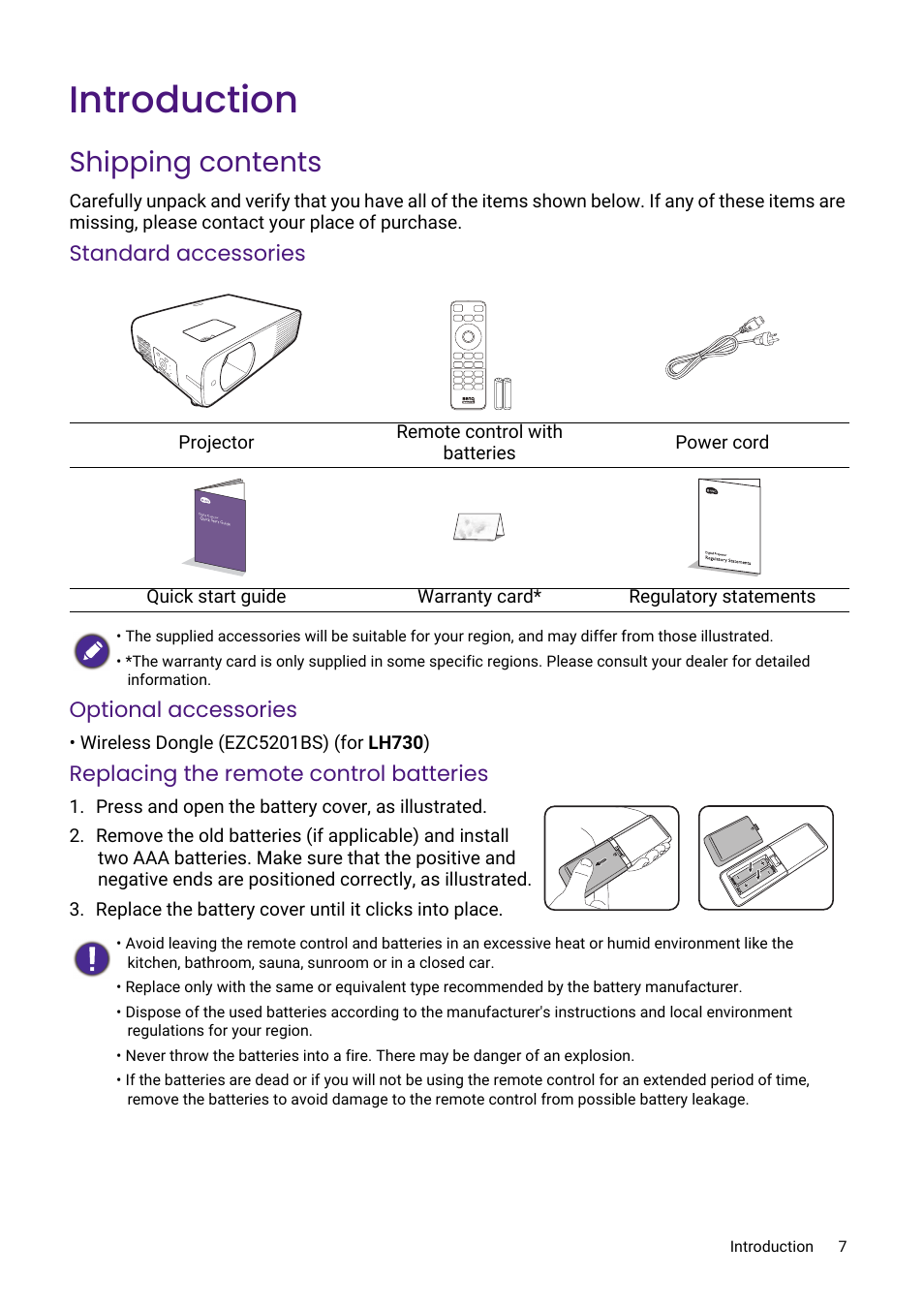 Introduction, Shipping contents, Standard accessories optional accessories | Replacing the remote control batteries | BenQ LH730 4000-Lumen Full HD LED DLP Projector User Manual | Page 7 / 54