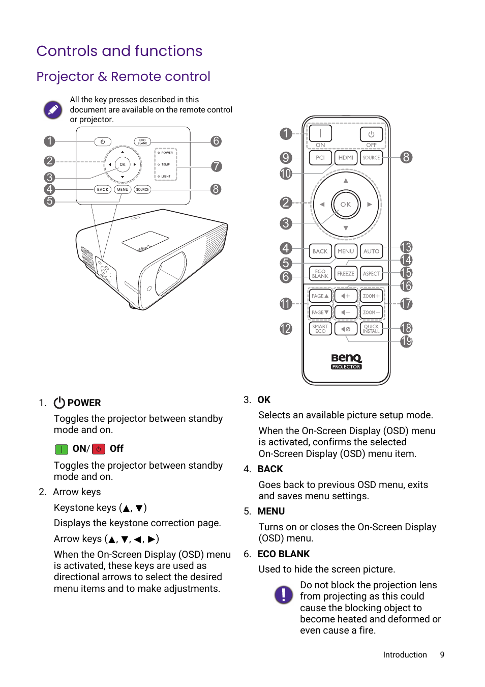 Controls and functions, Projector & remote control | BenQ LH730 4000-Lumen Full HD LED DLP Projector User Manual | Page 9 / 54