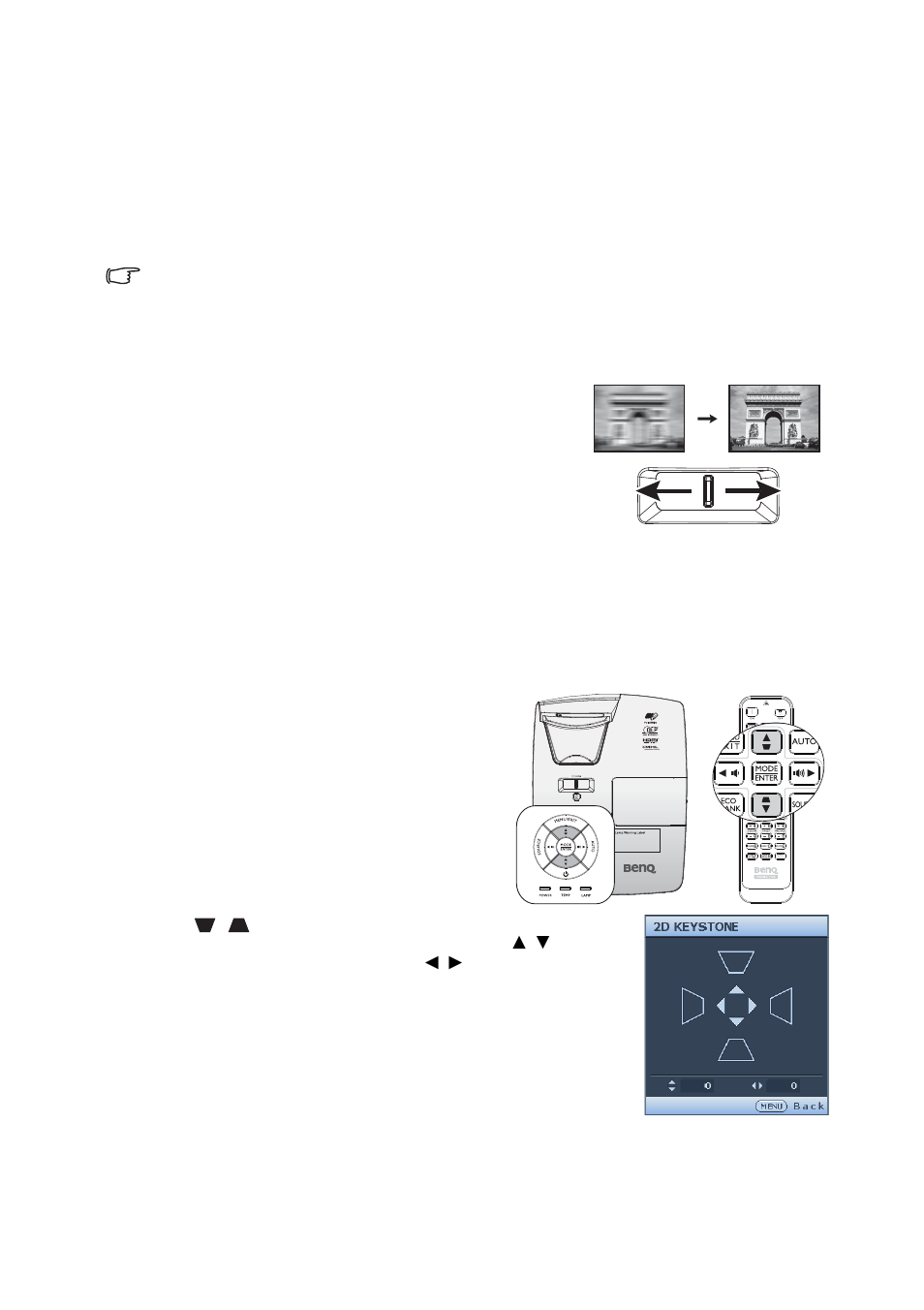 Auto-adjusting the image, Fine-tuning the image size and clarity, Correcting 2d keystone | Fine-tuning the image, Stone: see | BenQ MW855UST+ 3500-Lumen WXGA Ultra-Short Throw DLP Projector User Manual | Page 27 / 77