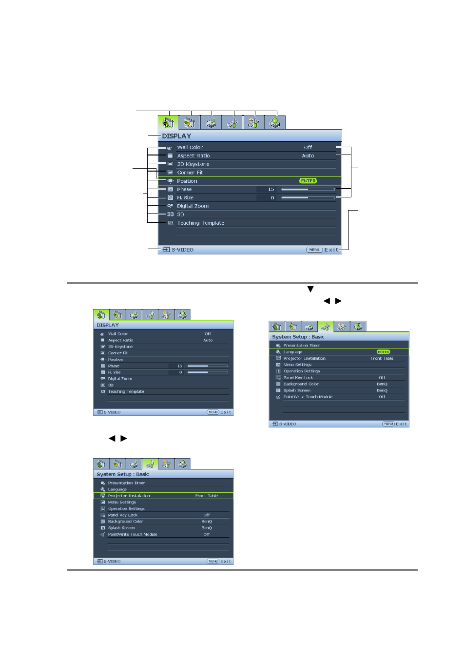 Using the menus, Using | BenQ MW855UST+ 3500-Lumen WXGA Ultra-Short Throw DLP Projector User Manual | Page 30 / 77