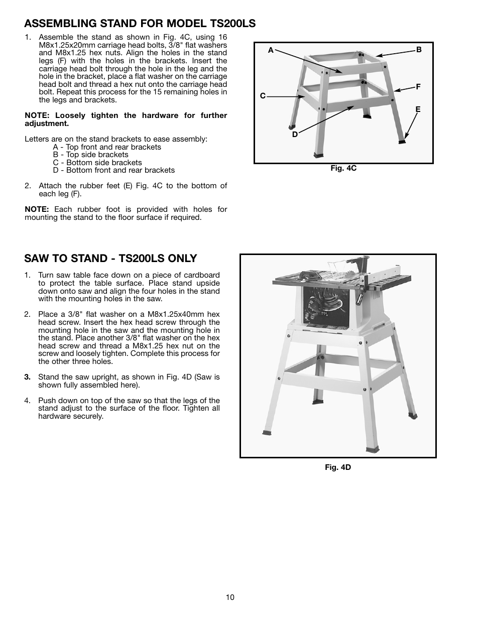 Assembling stand for model ts200ls, Saw to stand - ts200ls only | Delta ts200ls User Manual | Page 10 / 27