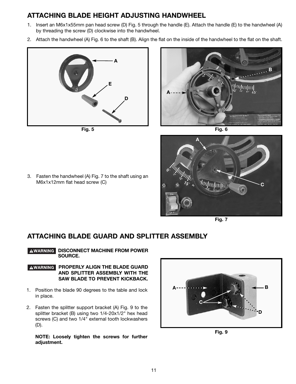Attaching blade height adjusting handwheel, Attaching blade guard and splitter assembly | Delta ts200ls User Manual | Page 11 / 27