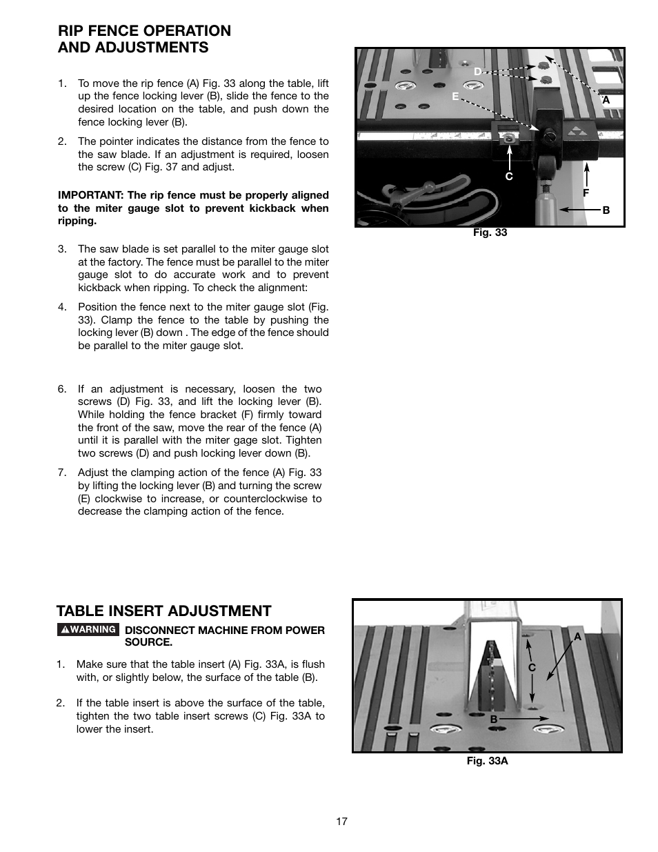 Rip fence operation and adjustments, Table insert adjustment | Delta ts200ls User Manual | Page 17 / 27