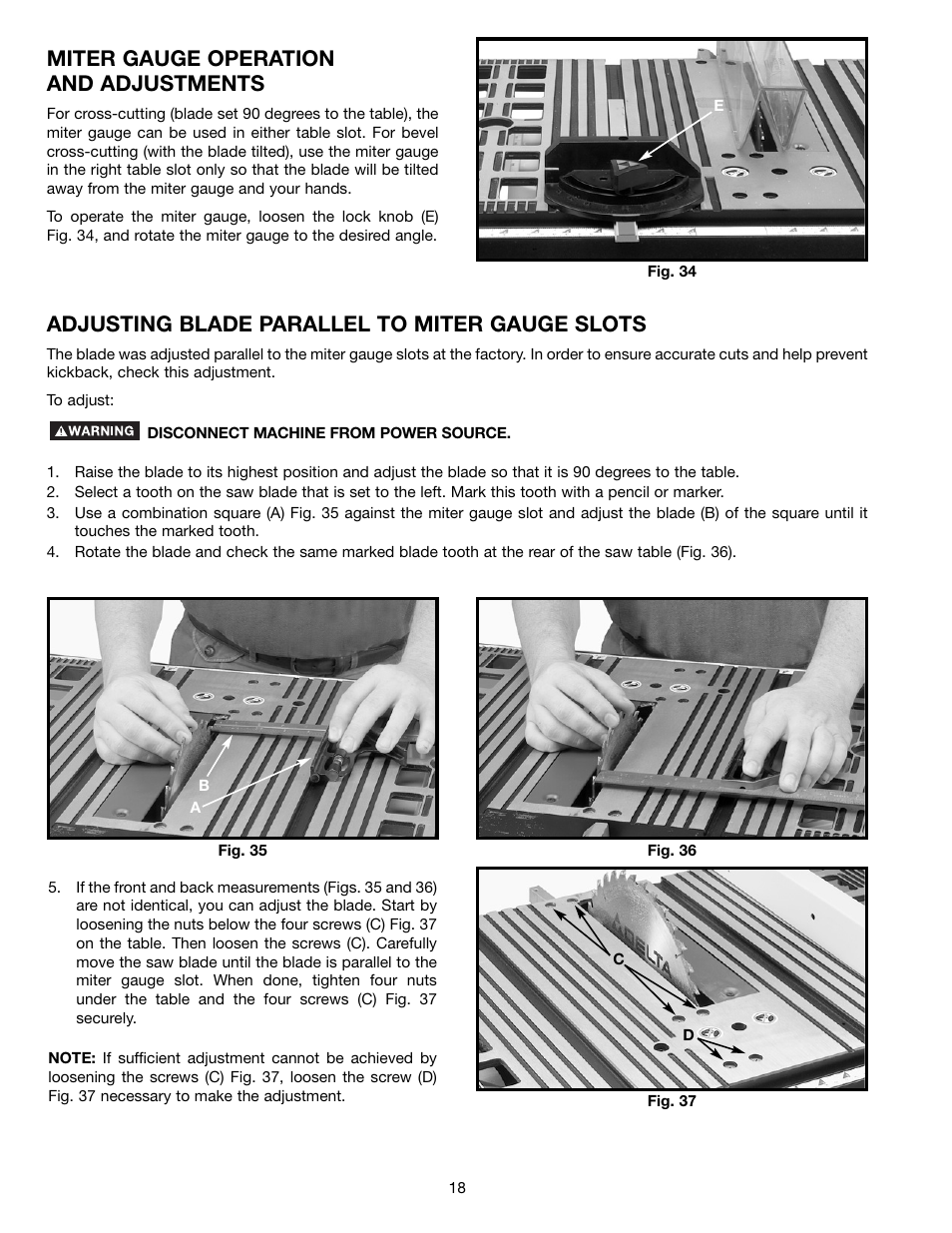 Miter gauge operation and adjustments, Adjusting blade parallel to miter gauge slots | Delta ts200ls User Manual | Page 18 / 27