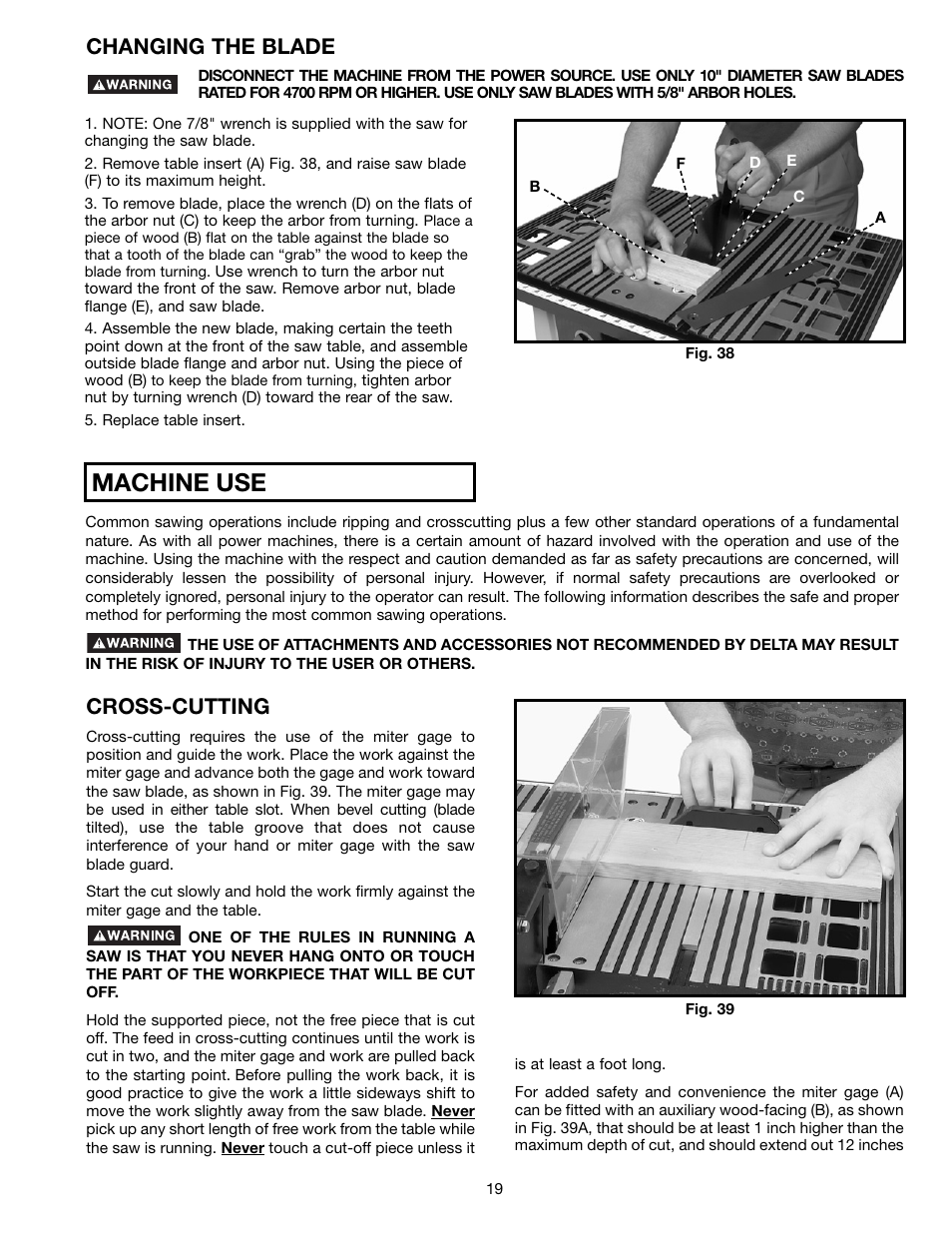 Machine use, Changing the blade, Cross-cutting | Delta ts200ls User Manual | Page 19 / 27