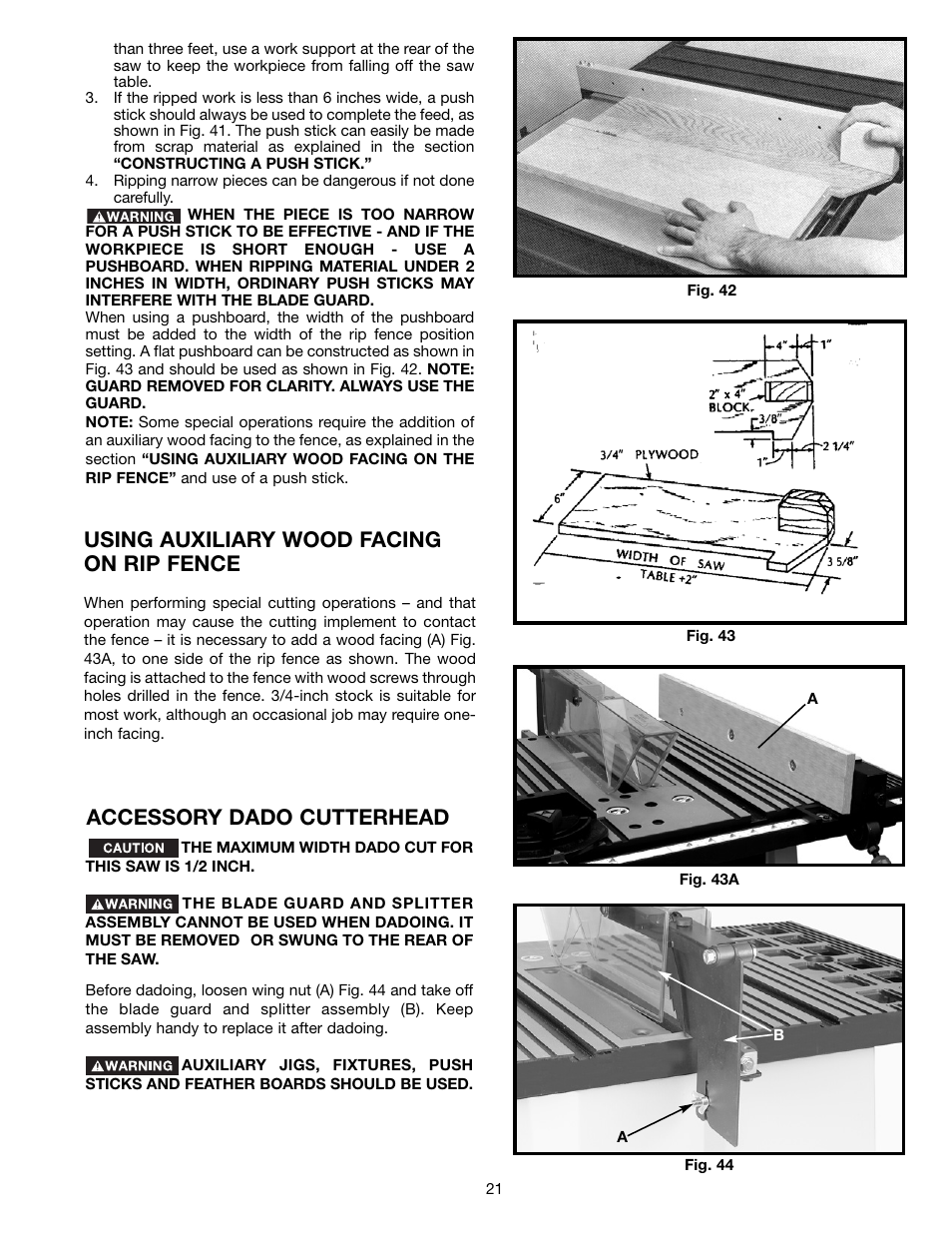 Accessory dado cutterhead, Using auxiliary wood facing on rip fence | Delta ts200ls User Manual | Page 21 / 27