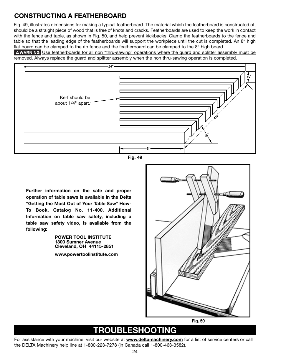 Troubleshooting, Constructing a featherboard | Delta ts200ls User Manual | Page 24 / 27
