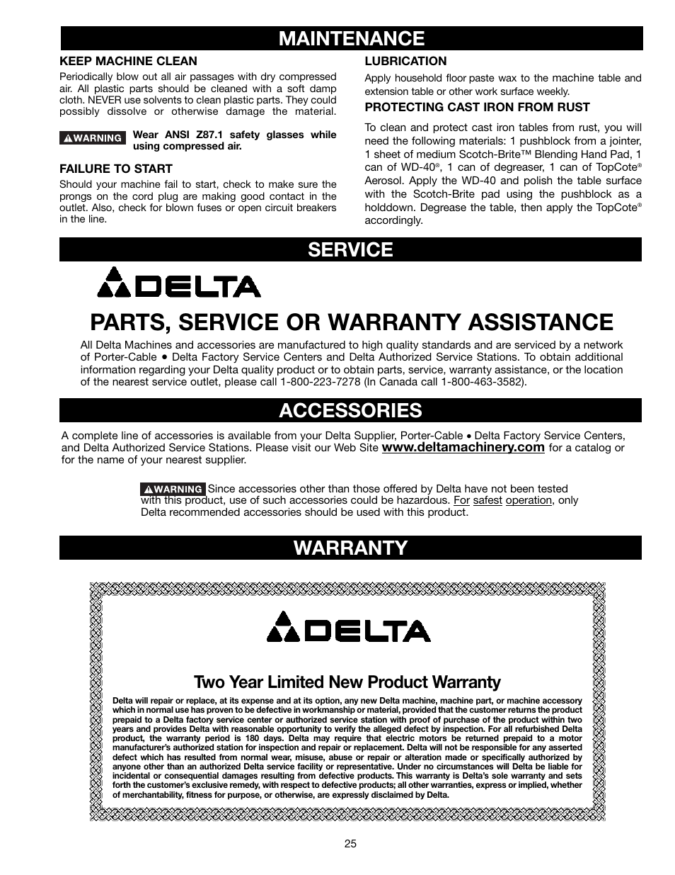 Parts, service or warranty assistance, Maintenance, Accessories | Service warranty, Two year limited new product warranty | Delta ts200ls User Manual | Page 25 / 27