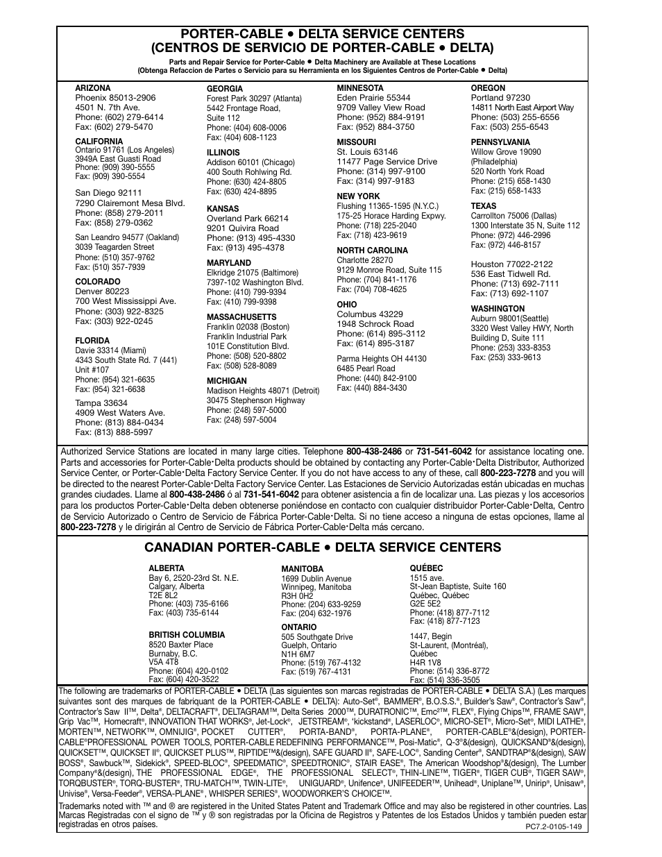 Porter-cable, Delta), Canadian porter-cable | Delta service centers | Delta ts200ls User Manual | Page 27 / 27