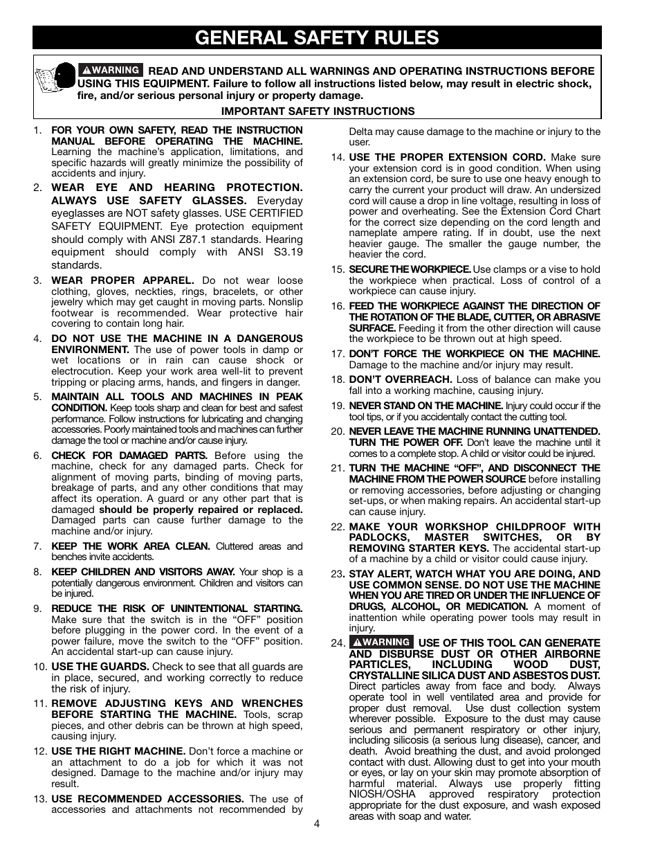 General safety rules | Delta ts200ls User Manual | Page 4 / 27