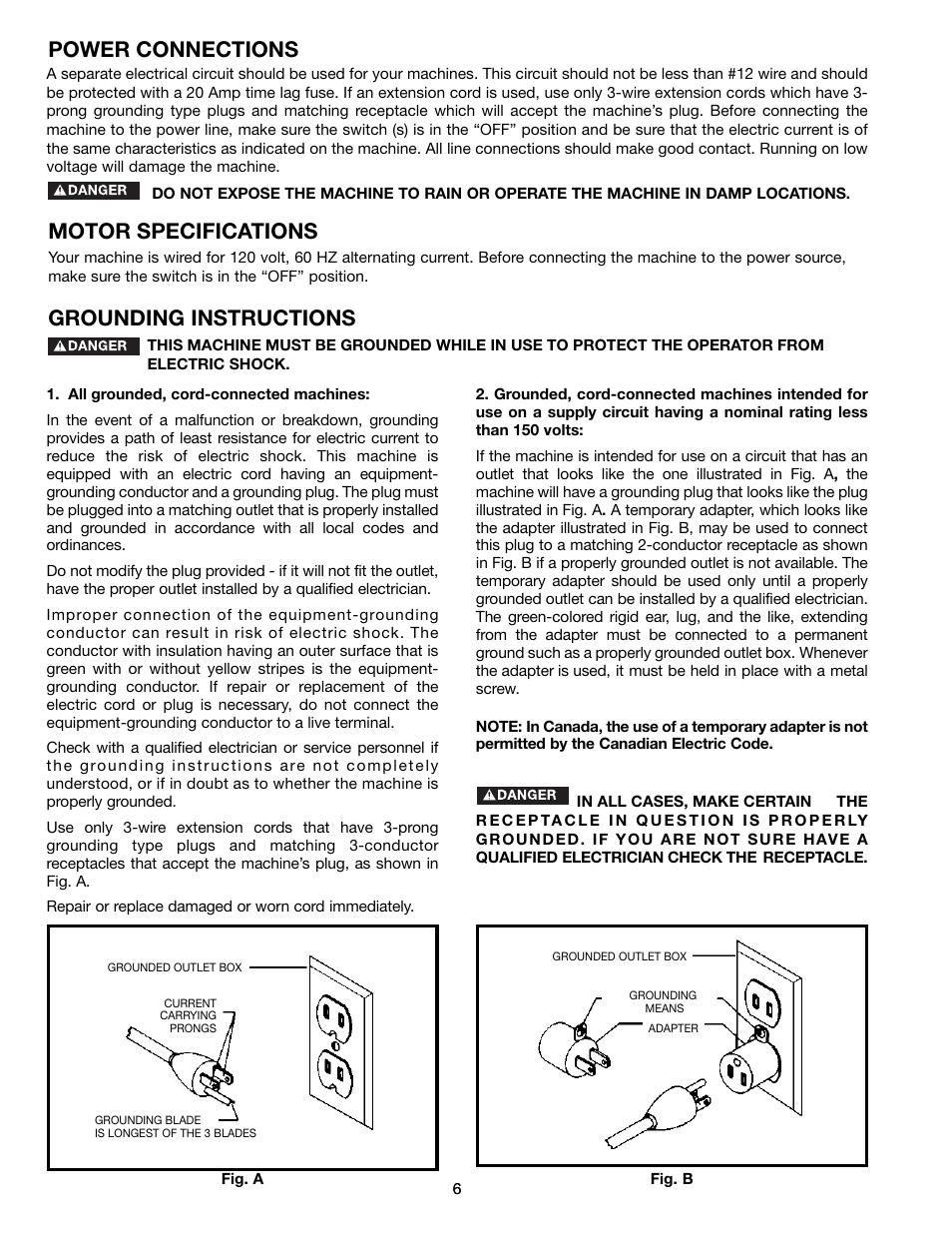 Power connections motor specifications, Grounding instructions | Delta ts200ls User Manual | Page 6 / 27