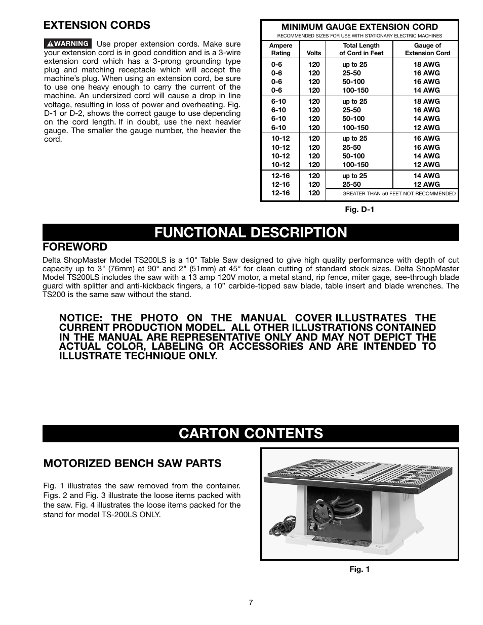 Functional description, Carton contents, Foreword | Extension cords, Motorized bench saw parts | Delta ts200ls User Manual | Page 7 / 27