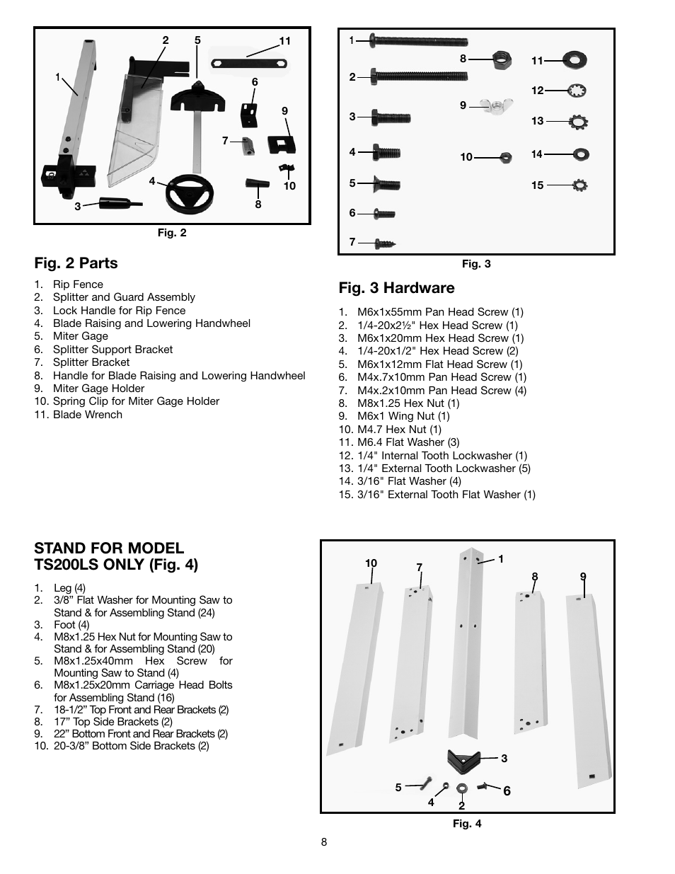 Stand for model ts200ls only (fig. 4), Fig. 2 parts, Fig. 3 hardware | Delta ts200ls User Manual | Page 8 / 27