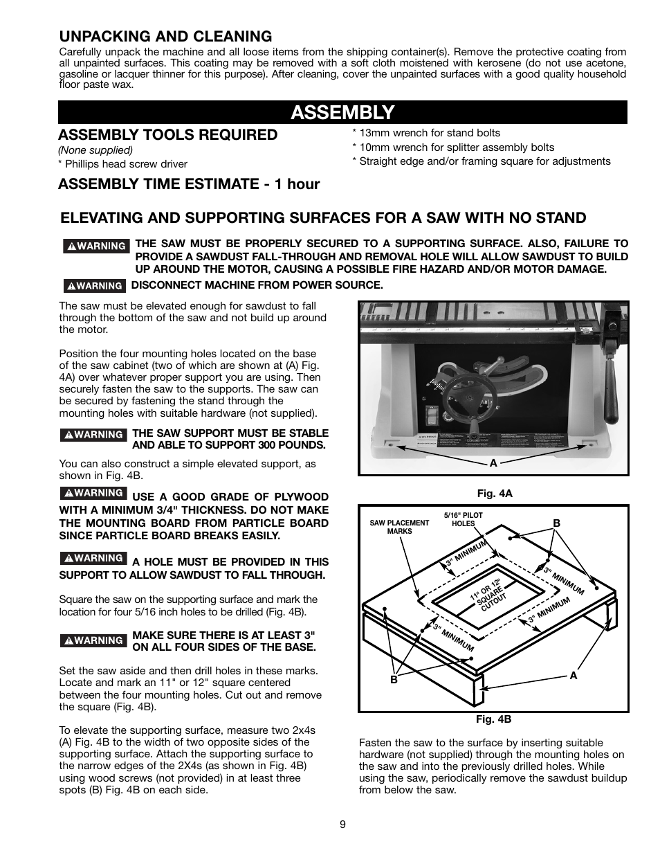 Assembly, Unpacking and cleaning, Assembly tools required | Assembly time estimate - 1 hour | Delta ts200ls User Manual | Page 9 / 27