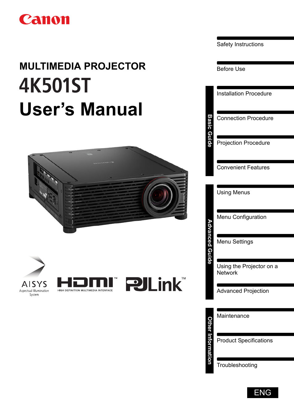 Canon REALiS 4K501ST Pro AV 5000-Lumen LCoS Projector User Manual | 196 pages