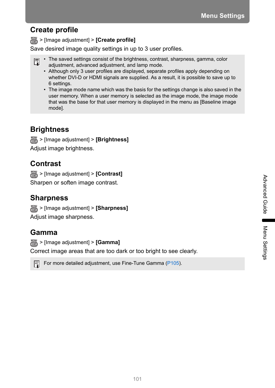 Create profile, Brightness, Contrast | Sharpness, Gamma, P101 | Canon REALiS 4K501ST Pro AV 5000-Lumen LCoS Projector User Manual | Page 101 / 196